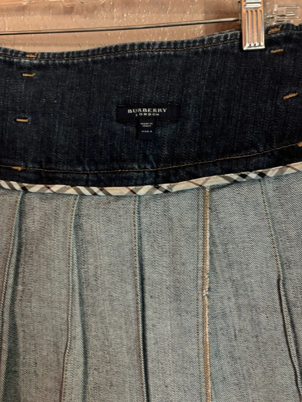 Burberry Dark Blue Denim Pleated Mini Skirt with Brown Double Belts - Picture 8 of 11